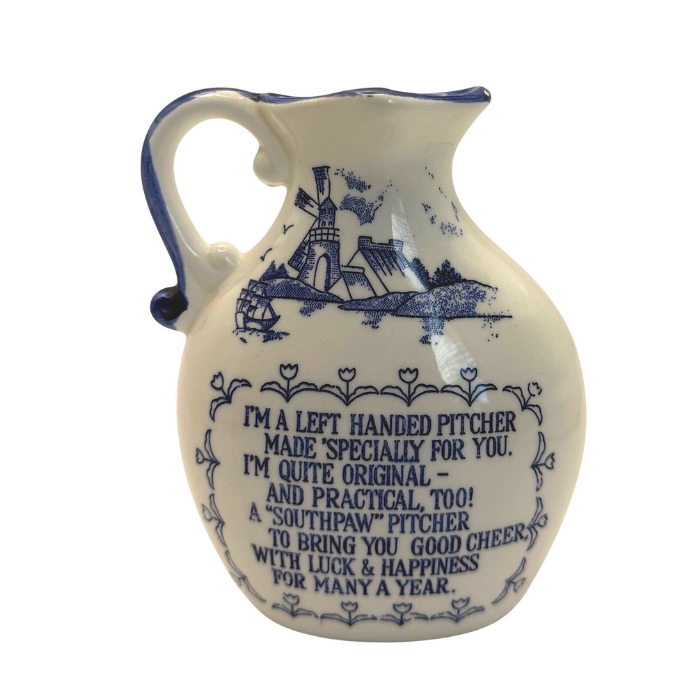 TEXAS Left Handled Pitcher Windmill Design Dutch Southpaw Blue Trim Holds 6oz